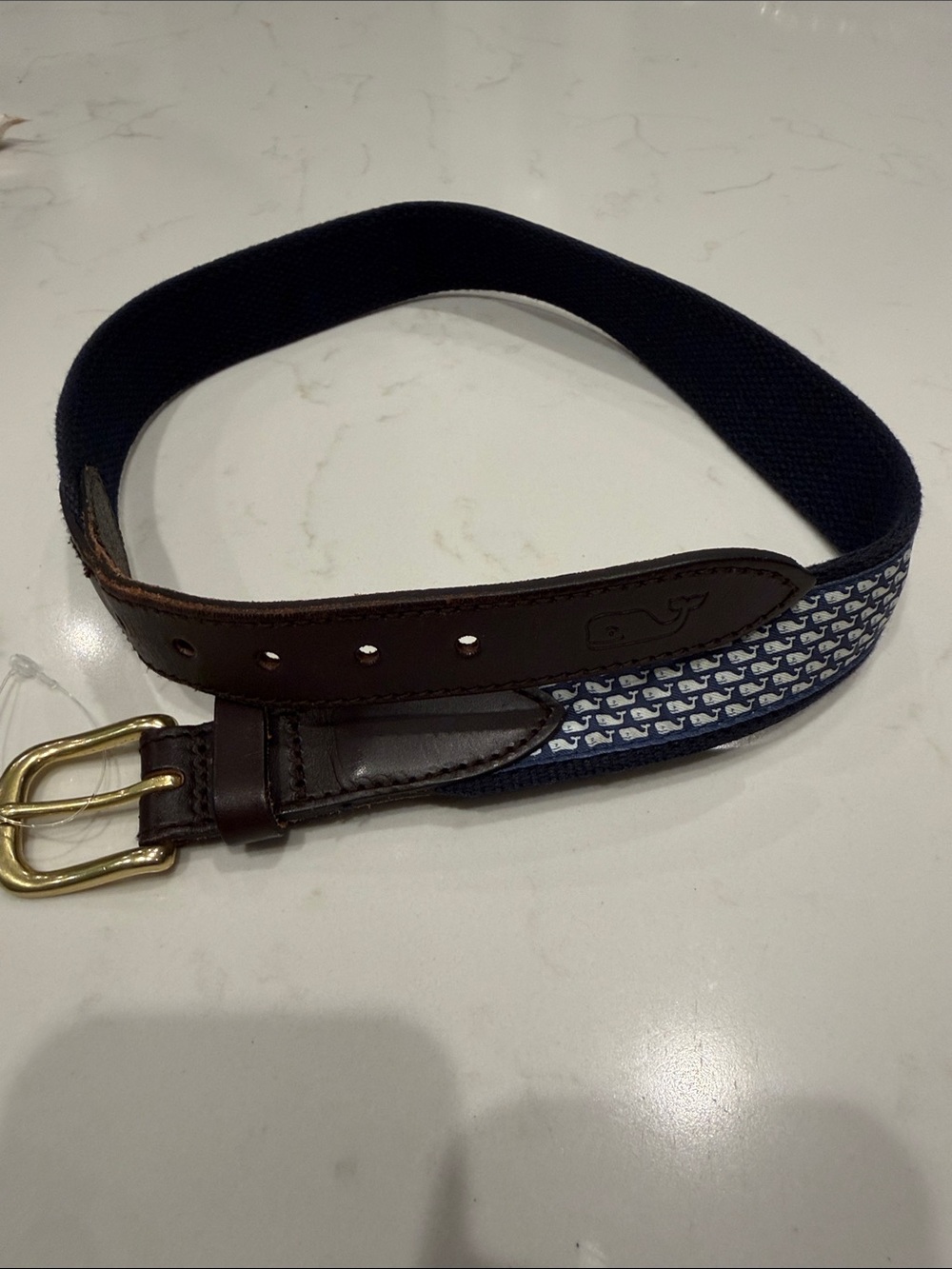 Vineyard Vines Navy, Brown and White Whale Print Kids Belt Size 26